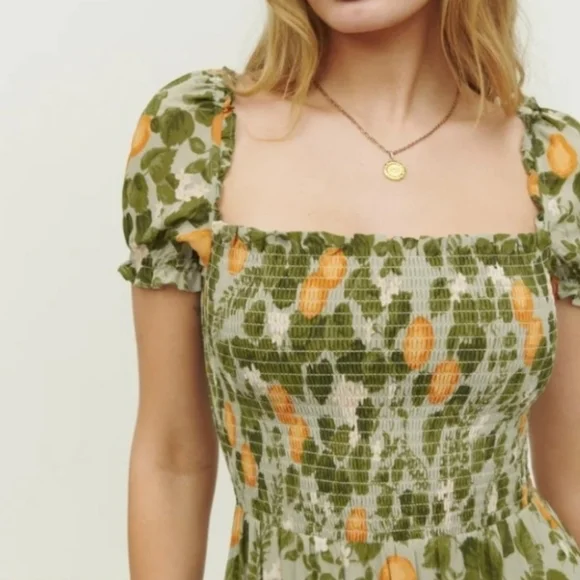 Reformation inka Floral Green and Orange Dress Drop Waist Sz Med - Picture 4 of 17